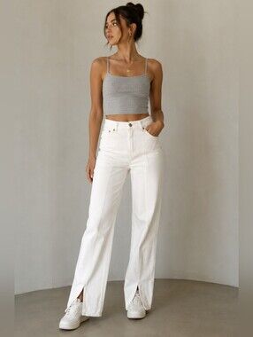 Zara White High Rise Wide Leg Front Slit Jeans Size 2 EU 34 Soft Wester Soft